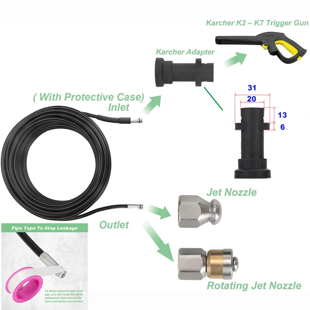 For Karcher K2 K3 K4 K5 K6 K7 Sewer Jetter Kit of Pressure Washer, 1/4 Inch , Button Nose and Rotating Sewer Jetting Nozzle