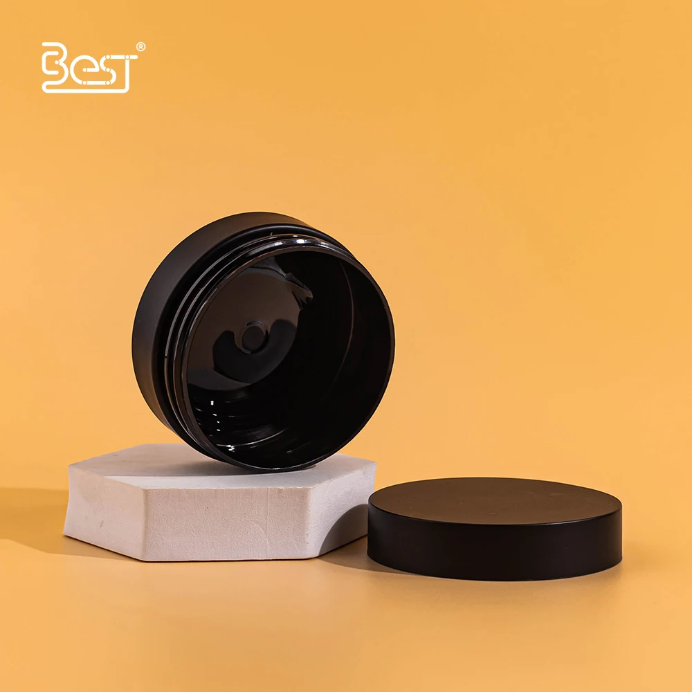 fancy skincare cosmetic matte black plastic 100ml 50ml jars with lids and spoon for cleansing oil sugar body scrub jars plastic