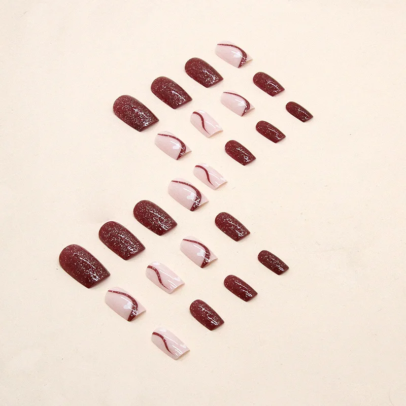 N1113 high shine diamond glitter red square press on nails tip with glue tab wood stick mini file set
