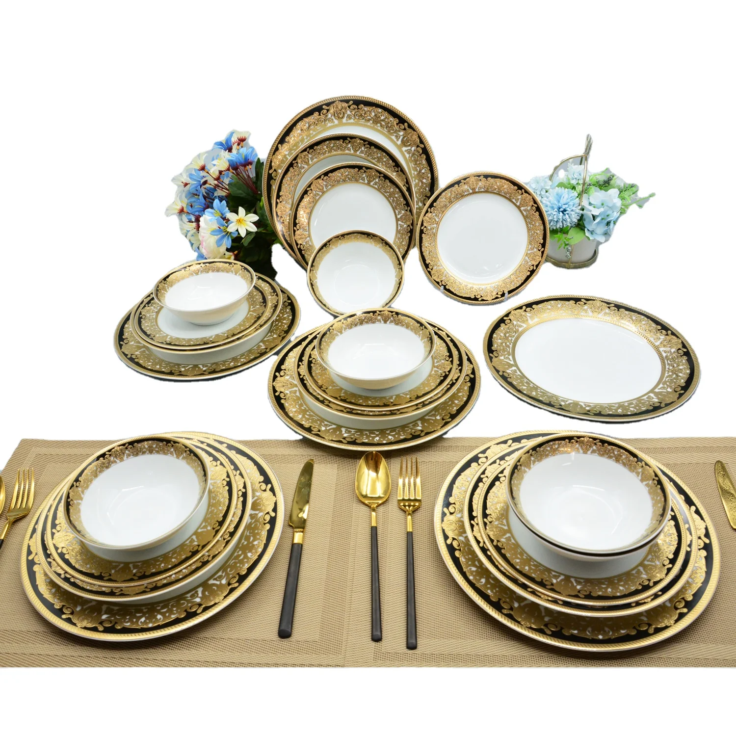 Embossed real gold dinnerware set best selling European style tableware set