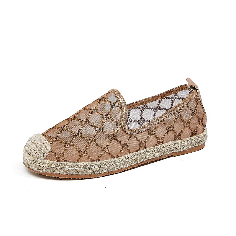 
2021 New style straw woven lace shoes breathable canvas cutout slacker shoes flat bottom hand-made hemp rope fisherman shoes 