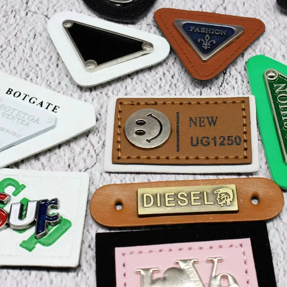 DOSEN custom metal label brand logo with leather label  for clothing