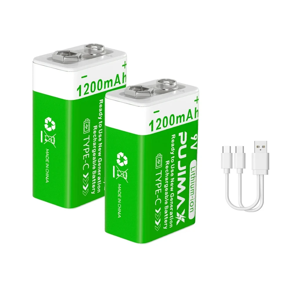 PUJIMAX New Style Type C Lithium ion Batteries 2PCS/Card 1200mAh 9V Li-ion Battery USB C 9V Rechargeable Battery For Multimeter