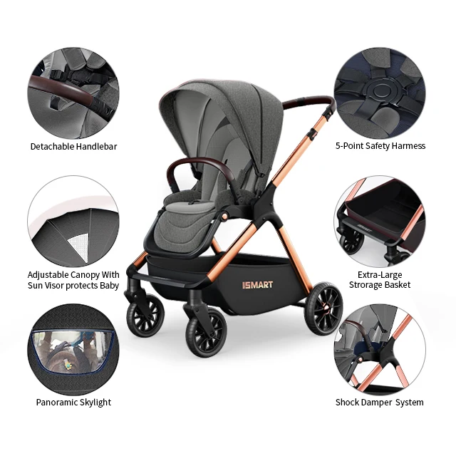 Smart Stroller High Quality Luxury Stroller High view landscape Grows with Baby New Born to 4 Years Golden Frame Grey
