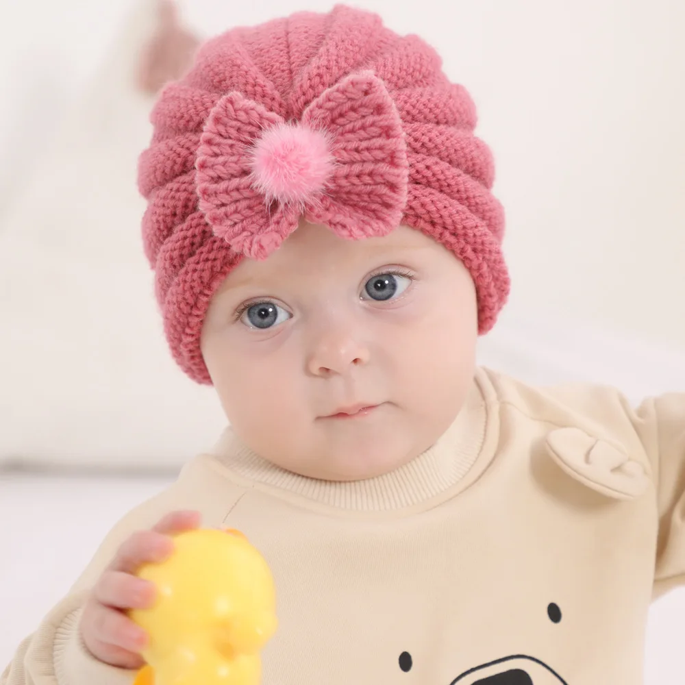 New Autumn Winter Children Warm Wool Hats Knit cap in solid color Newborn Bow hair ball warm hat