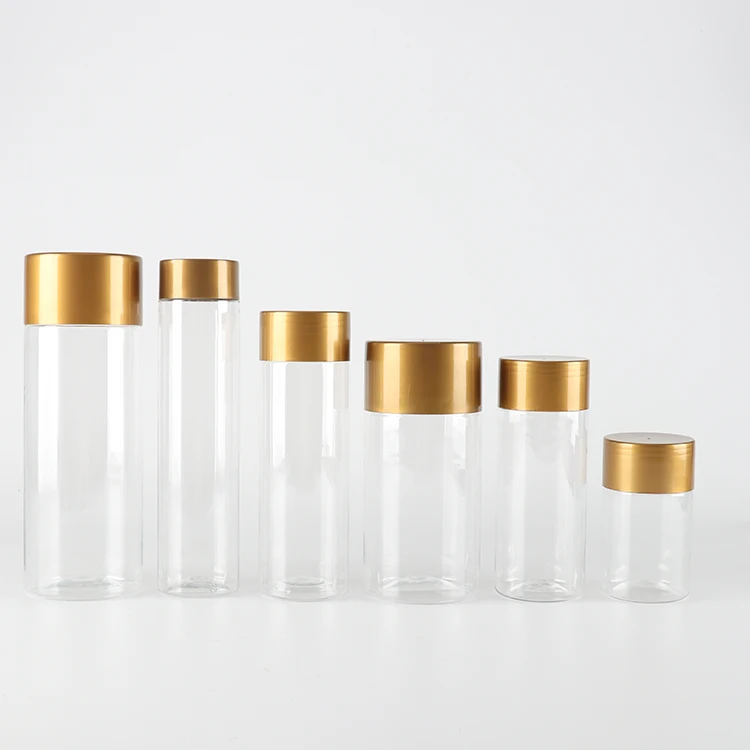 250ml 500ml 1000ml Plastic Tall Clear Candy Jars with Gold Screw Lids PET Storage Round Container for Food Package
