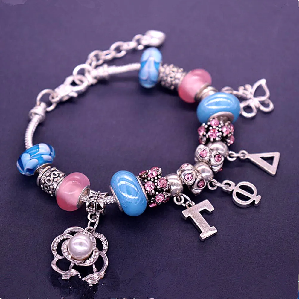 Wholesale silver plated snake chain bracelet greek letter Gamma Phi Delta sorority souvenir jewelry butterfly charms  bracelet