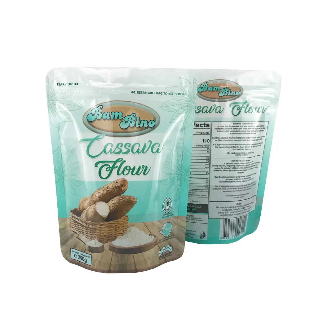 250g 500g Food grade laminated plastic glossy print stand up custom packaging ziplock bag for cassava flour