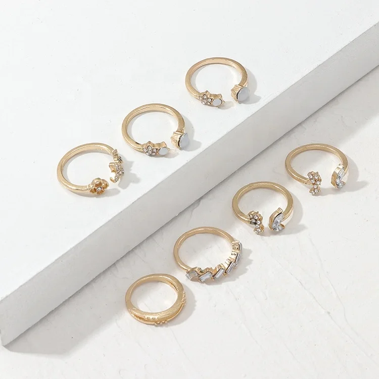 Women White Rhinestone Geometric Open Knuckle Rings Set Bohemian Gold Color Crystal Butterfly Ring Adjustable