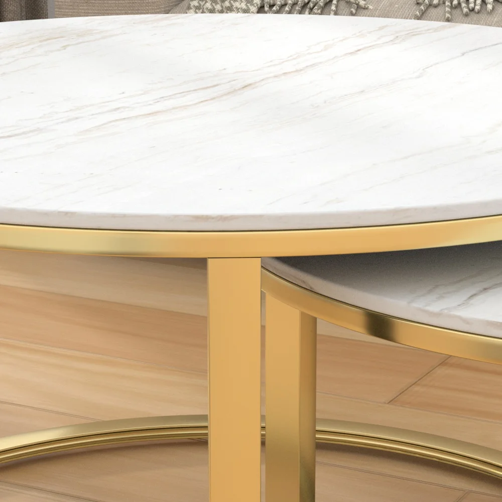 Hot Selling Luxury Modern Gold Steel Legs White Black Round Glass Top Coffee Table Set