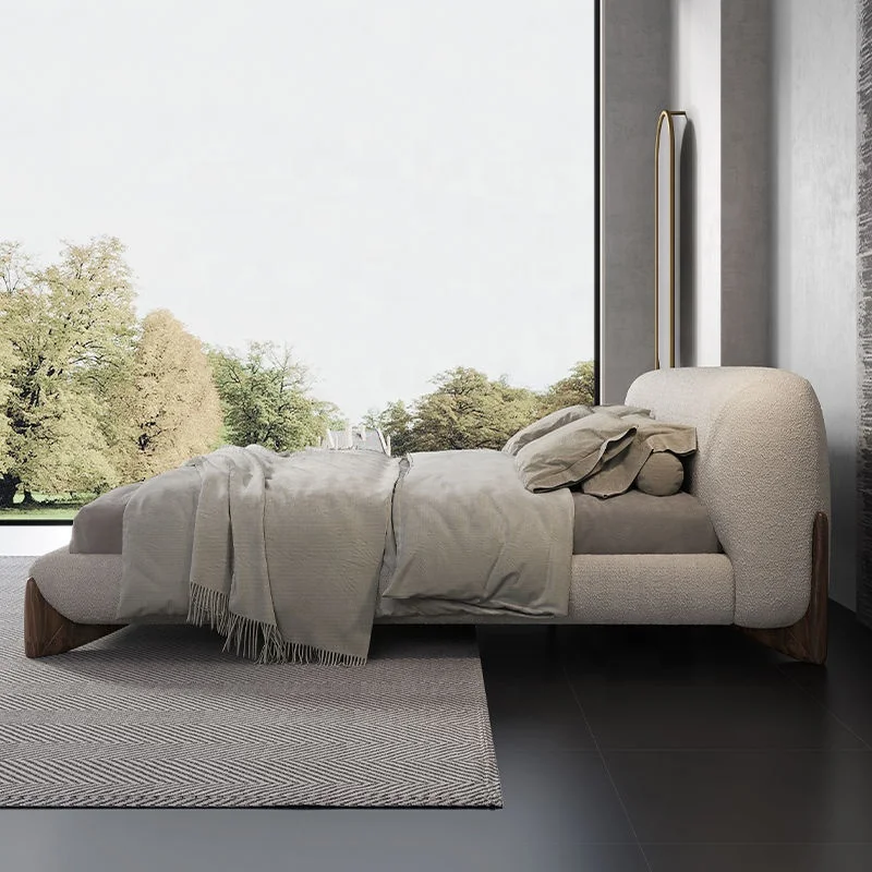 Best selling wooden bed with back round fabric bedroom furniture modern minimalist style high quality product
