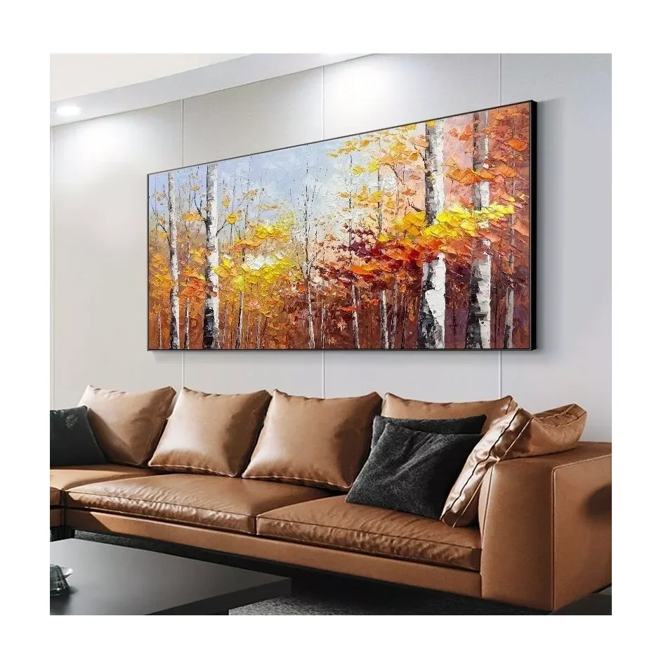 100% Real Hand Painted Scenery Birch Tree Forest Oil Painting on the Canvas by Professional Artist for Home Wall Art Decor