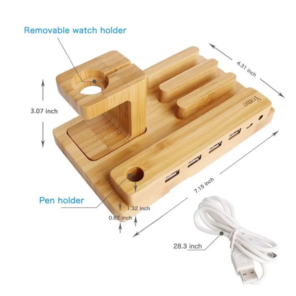 Watch Stand Wood Charging Dock Station With 4-Port Usb,Multi-Device Organizer Cradle Bamboo Holder For