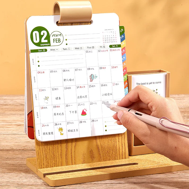 2024 multi-functional wooden frame loose-leaf buckle creative simple office desktop decoration mobile phone stand desk calendar