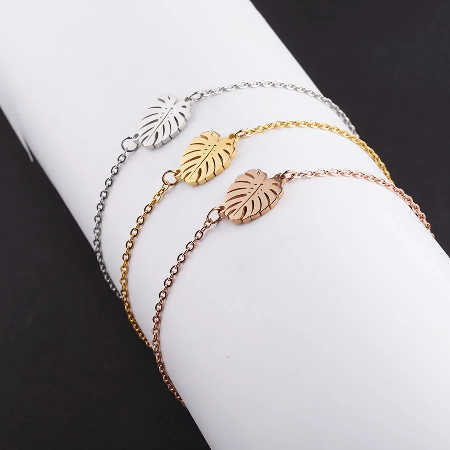 Mirror Polished Stainless Steel Elegant Cheap Jewelry  Leaf Charm Bracelet for Girls