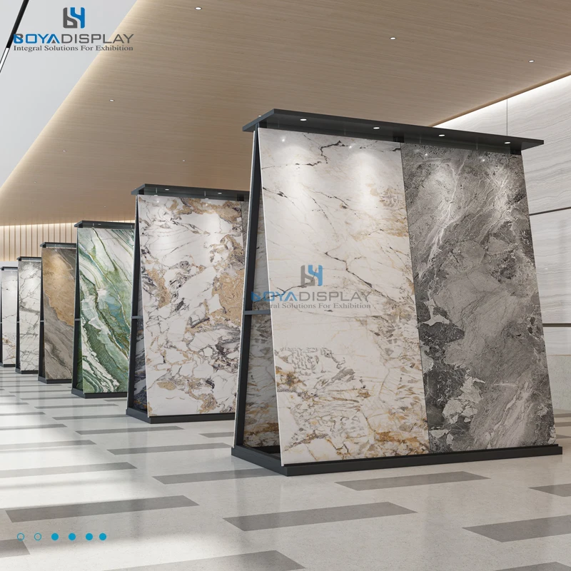 Customize High Quality Double Side Metal Stone Granite Marble Stone Big Slab Display Stand Rack With Light