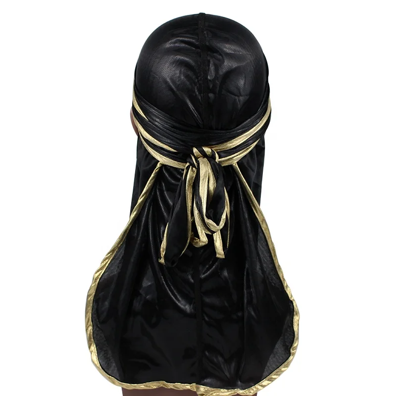 Seamless Silk Durag Shiny Style Long Tail Thick Silky Durags Bandanas for Men Gold Sewing Head Scarf Durag