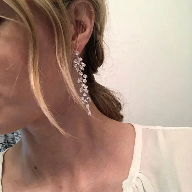 New Flower Bridal Cubic Zircon Chandelier Earring Long Bridal Rose Gold Wedding Earrings Women Crystal Leaf Dangle Drop Jewelry