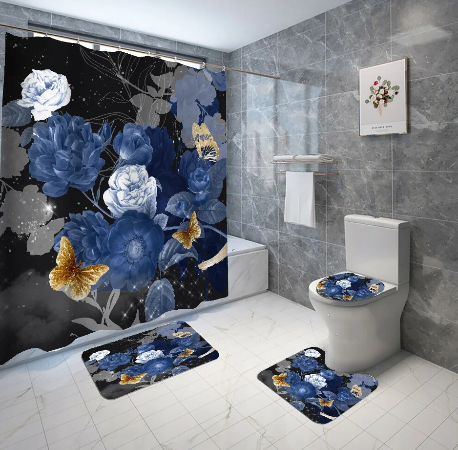 Голубой розы занавеска для душа 3d печатных красная роза цветок роскошные 4 шт с ковры набор элегантная Дизайнерская обувь в западном стиле ванной комнаты