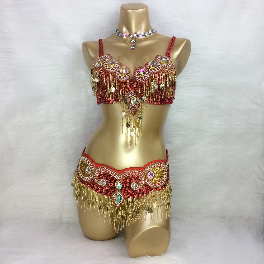 Hot Design Handmade Beaded Belly Dance Costume Wear Bar+Belt 3piece/ set Ladies Belly Dance Costumes Women Dancing Wear