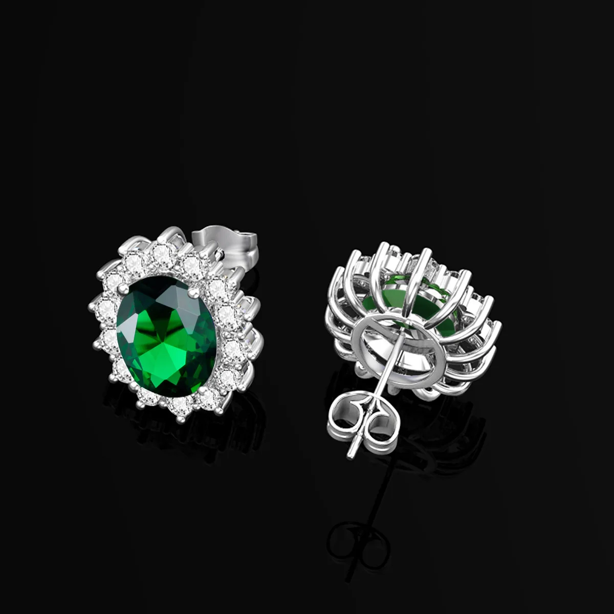 Classic Princess Diana Oval Cut Gemstone Halo Emerald 925 sterling silver studs earrings