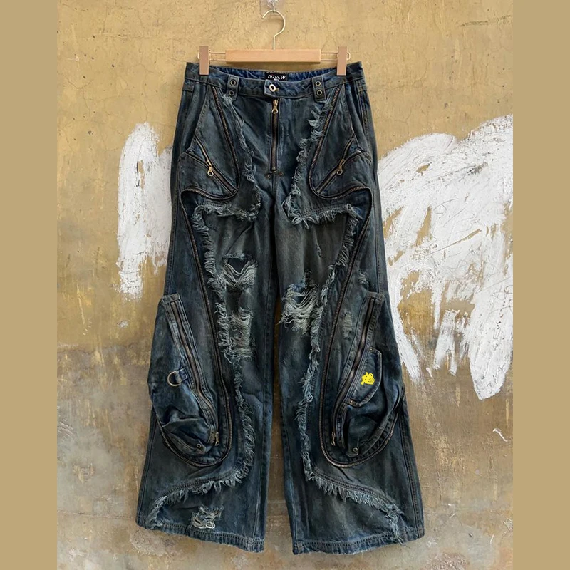 DIZNEW Custom 2024 Y2K heavy ripped jeans fringe design baggy jeans cargo pants with pockets for men and women
