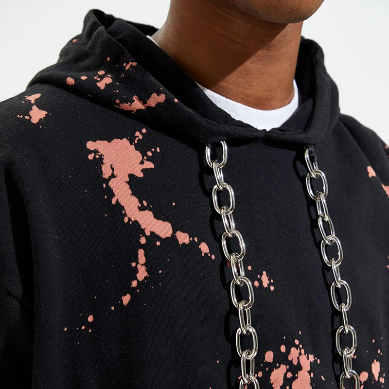 Multi-colored Paint Splatter Distressed Hoodie with Metal Chain Drawstring