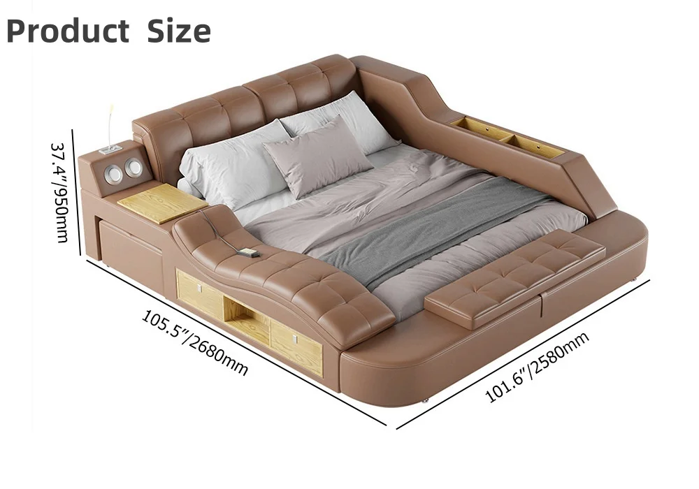 Modern Leather Massage Wireless USB Charge Bluetooth Audio Upholstered Smart Bed With Storage Function