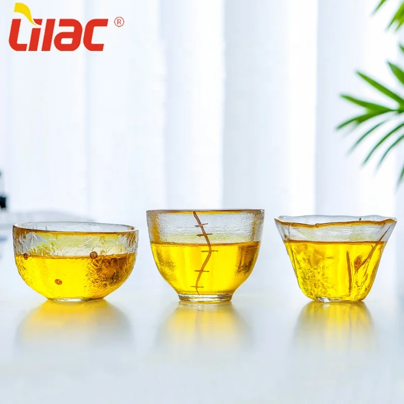 Lilac FREE Sample 65ml/90ml/80ml high quality handmade ripple gold shot glass small sake/tea cup with rim japanese