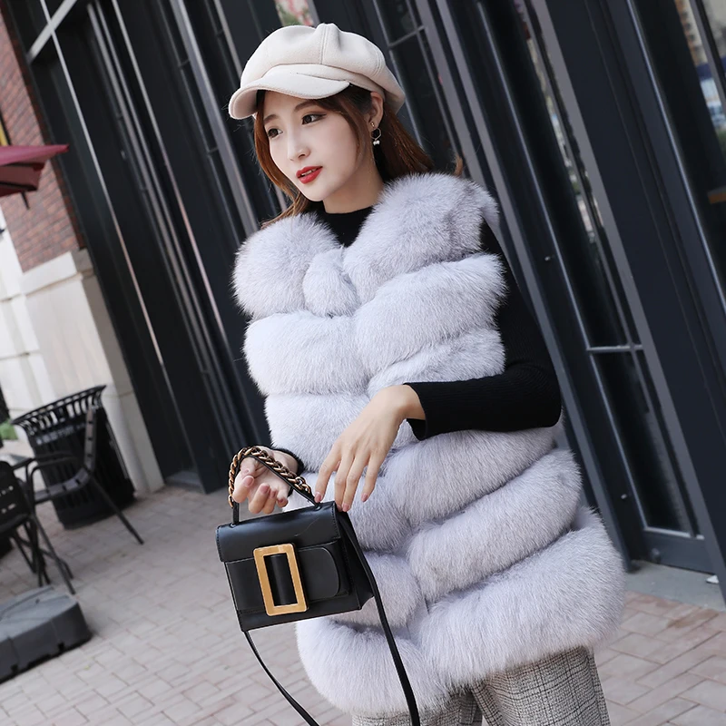 Factory Wholesale Price Winter Coat For Women 6 Rows Real Fur Genuine Gilet Ladies Long Style Girls Natural White Vest Fur Fox