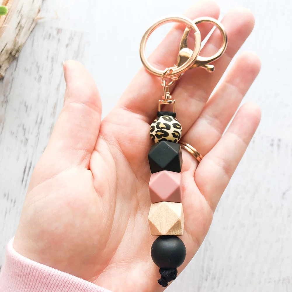 Neutral Autumn Colors Silicone and Wood Bead Keychain With Clip