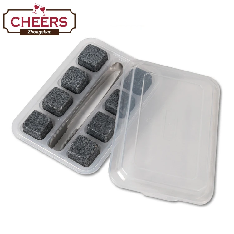 Deep Gray Granite Whiskey Stones, Ice Cube Rocks, Set of 9 Reusable Whiskey Wine & Beverage Chilling Rocks with Velvet Gift Bag