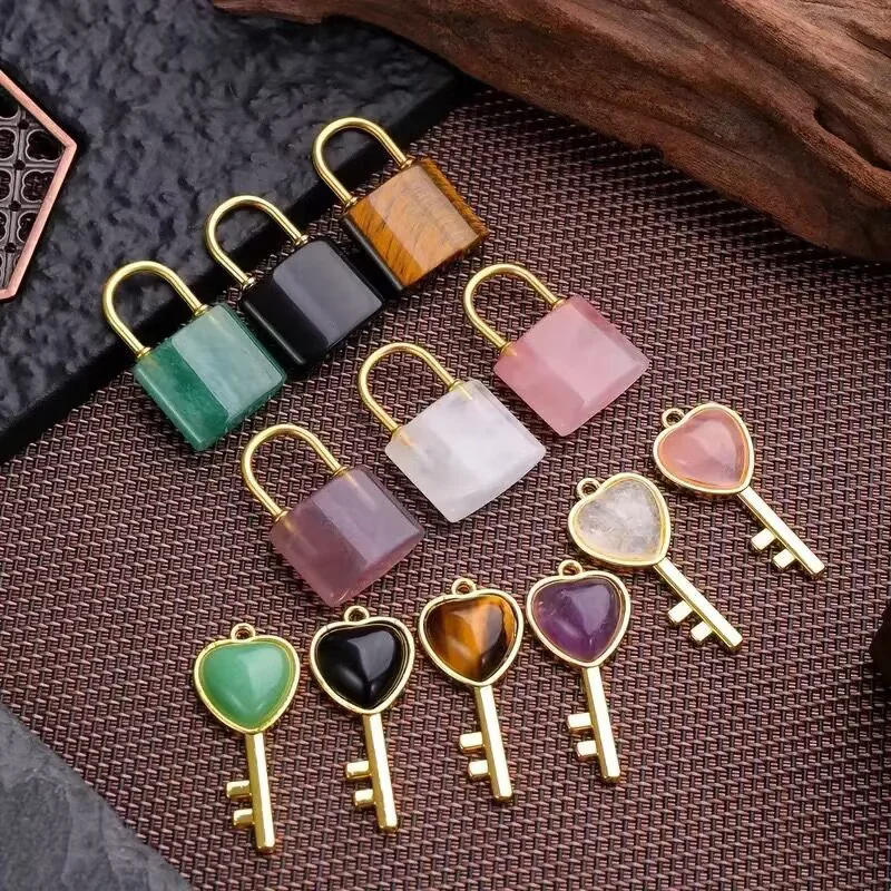 Natural stone Love key lock pendant necklace gemstone jewelry