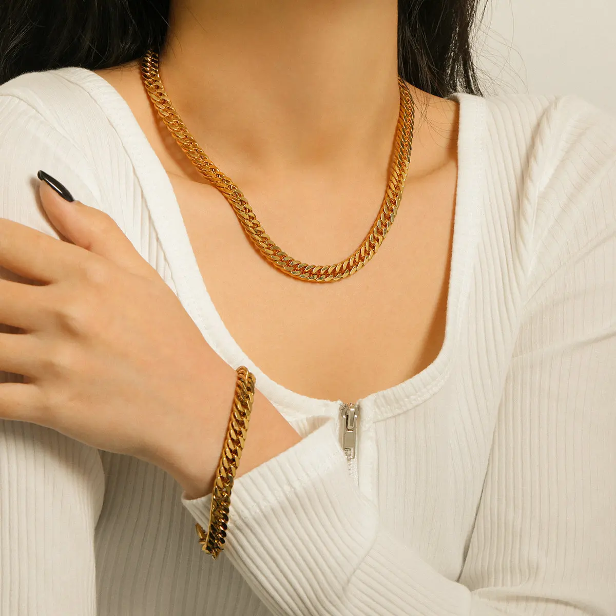 JKC INS Style 7.3mm Thick Cuban Chain Bracelet 18K Gold Plated Stainless Steel Miami Bracelet for Women