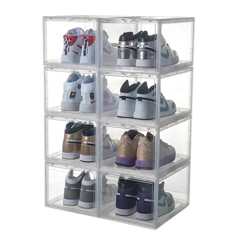 
Drop Front custom Sneaker Crates clear stack shoe case sneaker box Magnetic shoe case plastic stackable custom logo 