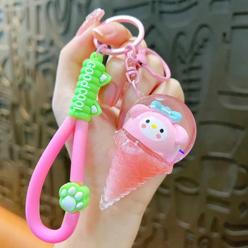 Small Gift Cute Backpack Pendant Quicksand Bottle Ice Cream Keyring Creative Cat Kuromi Melody Cinnamoroll Liquid Keychain