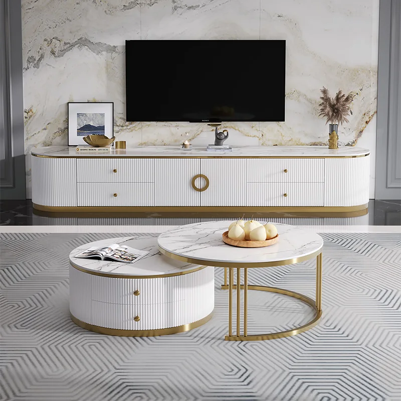 Modern Four Drawers Glossy Gold Stainless Steel Marble Top TV Stand High Quality Slate Tabletop Coffee Table Set