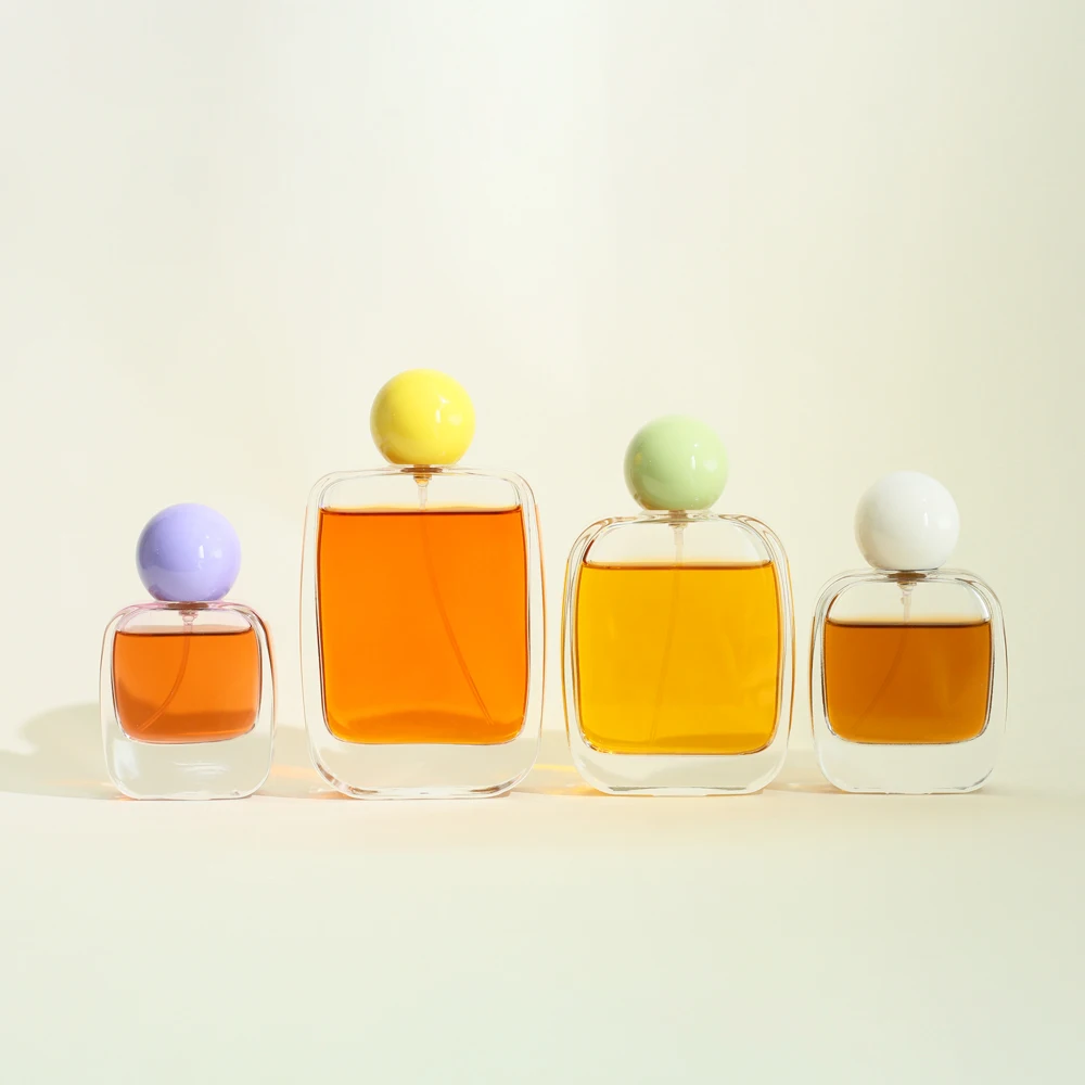 Perfume bottle 2024 New style factory price 30ml 50ml 100ml square flat transparent glass perfume bottle with colorful cap