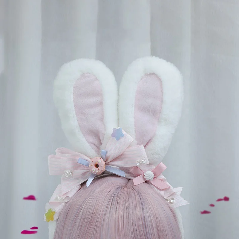 Sweet Plush Bunny Ear Hairband Bow Lace Easter Animal Cosplay Lolita Big Rabbit Bunny Ear Headband Party Favors Cosplay Costume