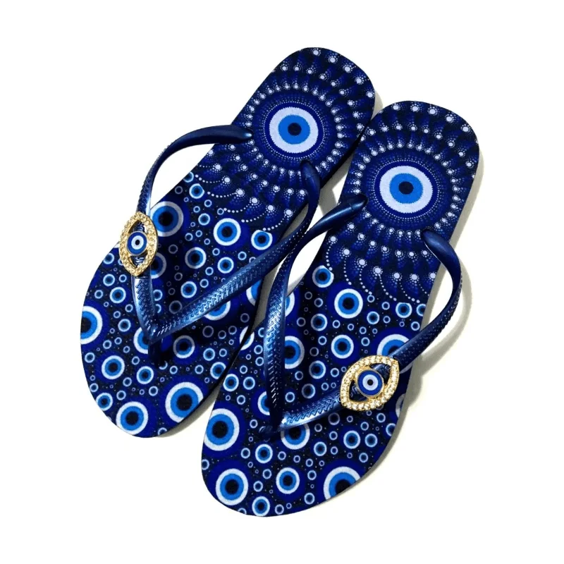 Evil Eye Printed Flip Flops Digital Printing Flat Sandals Rhinestone All Seeing Eye Embellished Thong Slippers