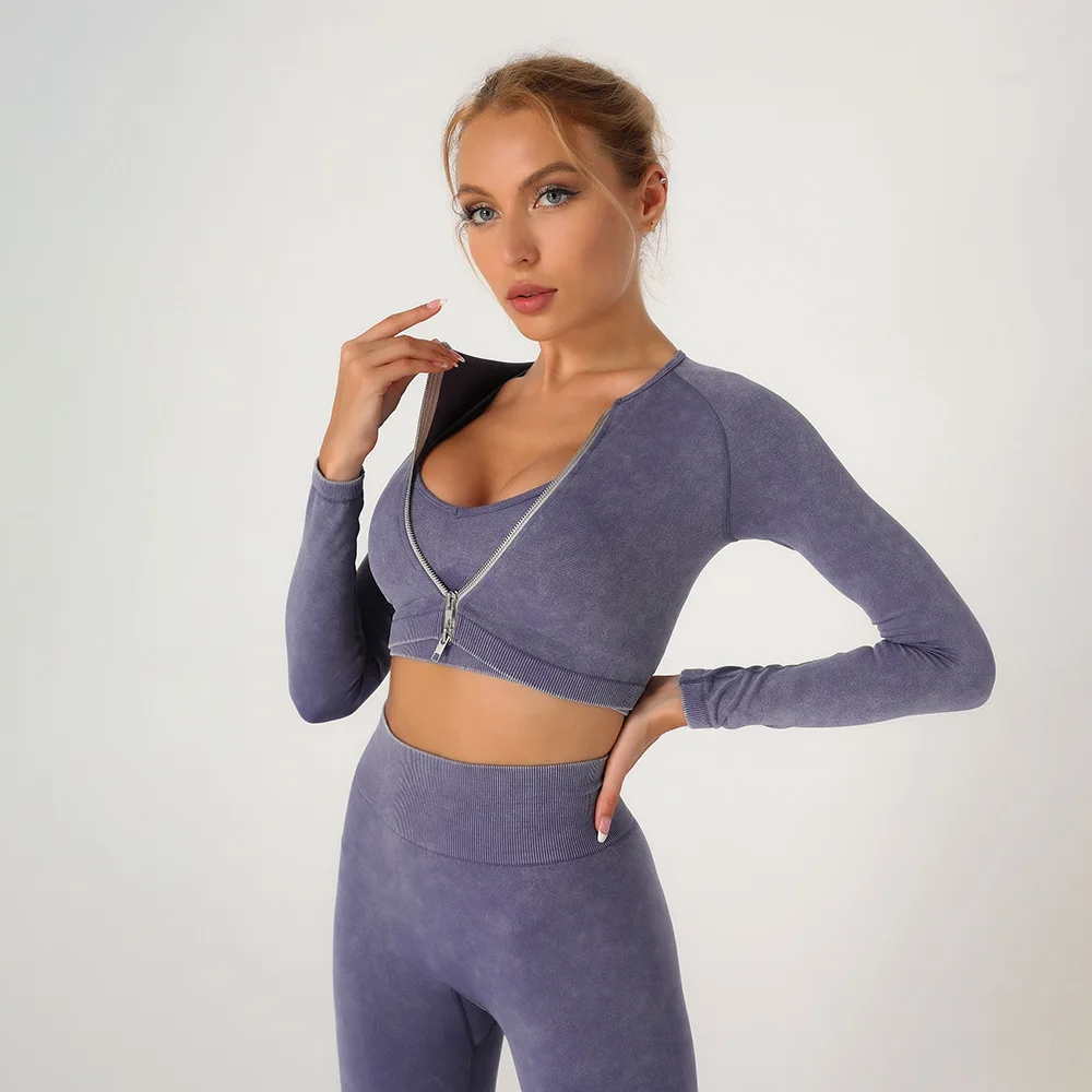 High quality stretchy training acid washing seamless yoga  outfits set Long sleeves women yoga Activewear