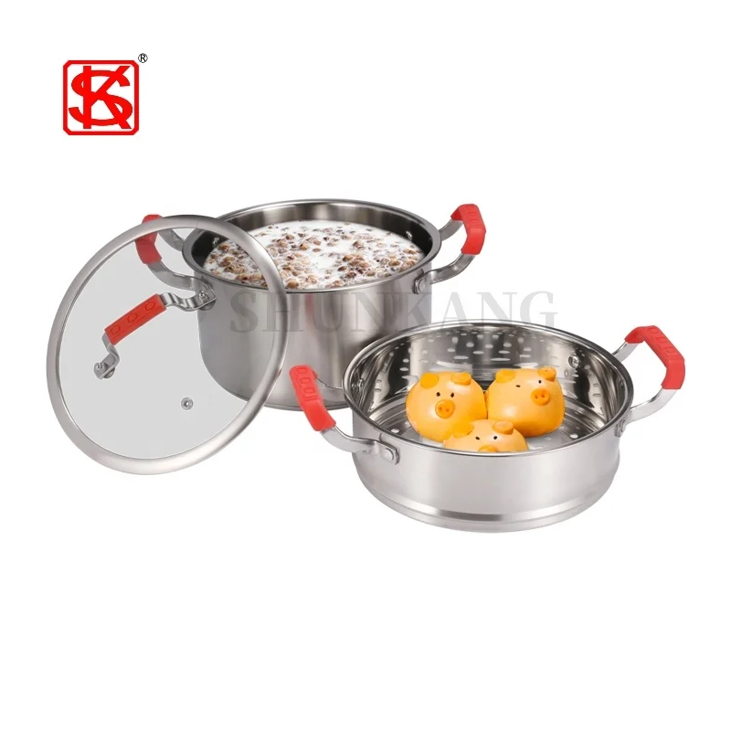 2 Layers Stock pot with steamer 304 Stainless Steel Steam Pot With Silicone Handle