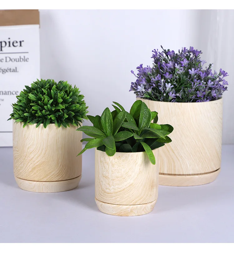 Modern Ceramic wood grain pot pot planting basin bottom perforated drainage belt with the same type of tray used for indoor