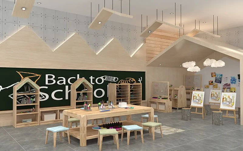 Kindergarten art area solid wood furniture baby learning interactive multifunctional combination table and chair