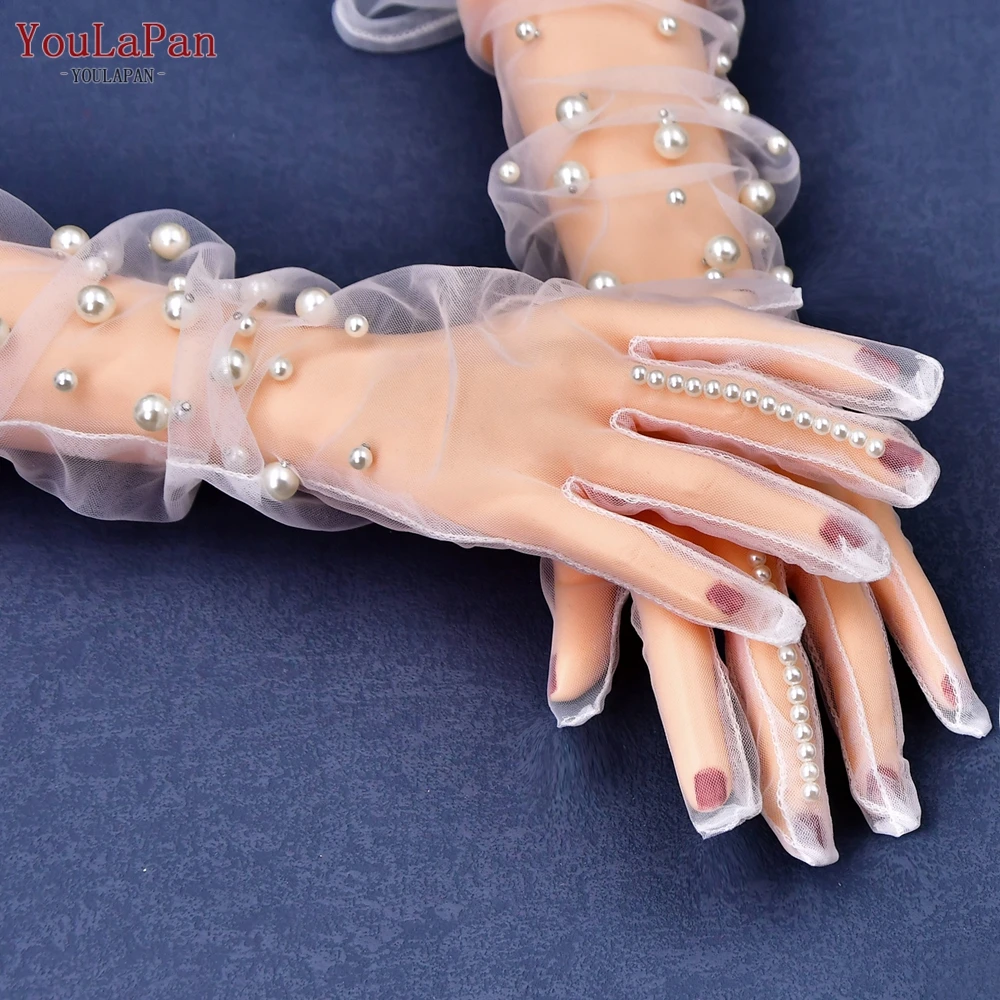 YouLaPan VM02 Summer Long Dress Gloves Elbow Length Pearl Tulle Wedding Dress Accessories Prom Evening Full Finger Gloves