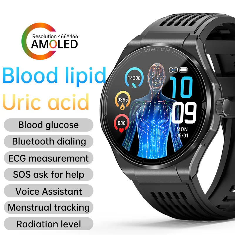 1.43inch AMOLED URIC ACID blood lipid voice assistant radiation level oxygen ecg SOS music dialing call fitness smart watch