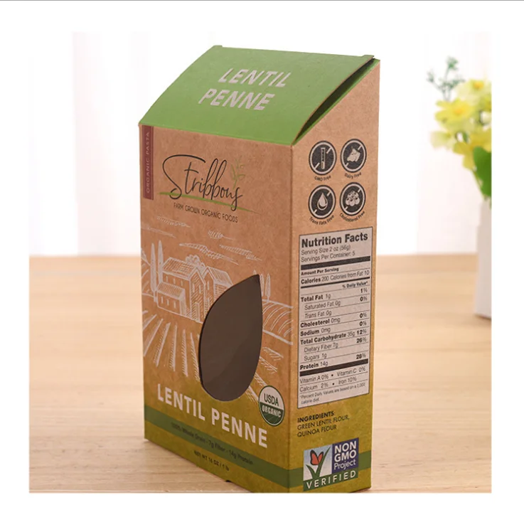 Biodegradable craft paper boxes for pasta packing with clear window Custom logo kraft paper grain packaging box