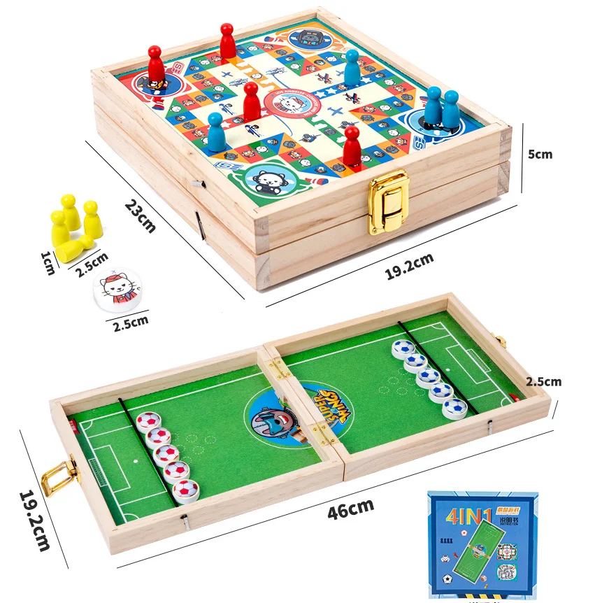 Wholesale 4 in 1 easy folding wooden football and bowling and puck and throwing tabletop board game for children and kids