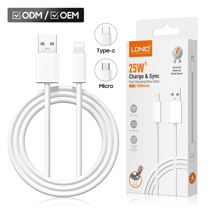 LDNIO LS891 25W PVC Fast USB Data Cable Mobile Phone Micro Type C Plug Quick Charge 1m/2m Adapter Connector Flex Cable Line