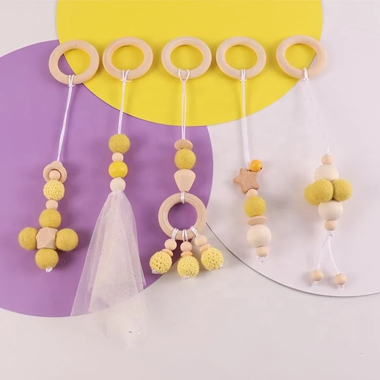 New design 5 piece set colorful felt ball wool beads baby play gym activity soft wooden toys for children